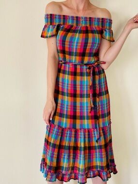 Plaid Midi Dress - Summer Cotton Madras Off the Shoulder Sundress